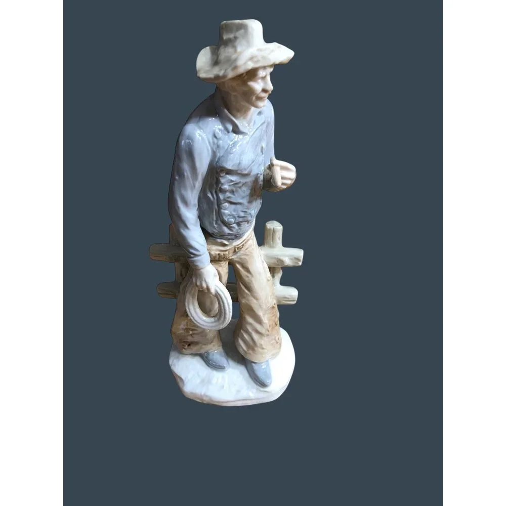 Porcelain Figurine Cowboy Sculpture Hat Cigar Rope Japan Western Rodeo Blue